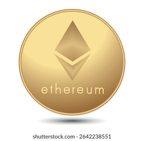 Cryptocurrency gold coin with an Ethereum symbol on the face. Isolated on a white background. Vector illustration.