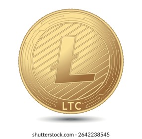 Moeda de ouro criptomoeda com um símbolo Litecoin na face. Isolado em um fundo branco. Ilustração vetorial.