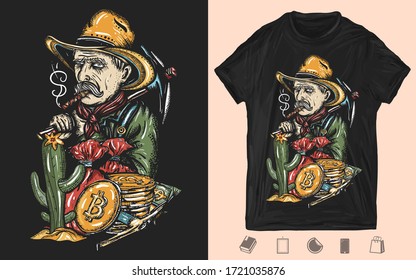 Cryptocurrency. Gold digger. Mining of bitcoins. Old cowboy in hat. Wild West art. Creative print for dark clothes. T-shirt design. Template for posters, textiles, apparels 