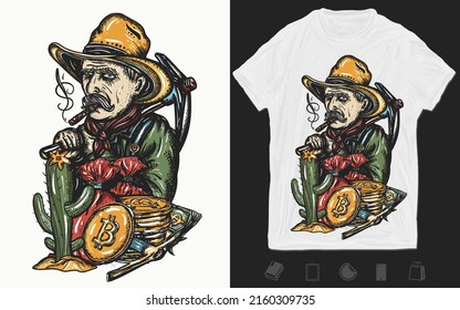 Criptodivisa. Vagabundo de oro. Minería de bitcoines. Impresión creativa. Diseño de camisetas. Plantilla para carteles, textiles, prendas de vestir. Vaquero viejo en el sombrero. Arte del Oeste salvaje