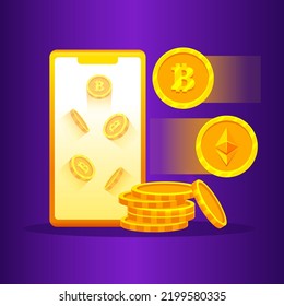 Cryptocurrency golden bitcoins, Ethereum, Solana on Mobile. Digital coins concept flat design