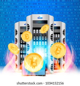 Cryptocurrency golden coin with data center and lap top on random numbers background. Bitcoin symbol of electronic money in fire and light effects. Flat vector Illustration EPS 10