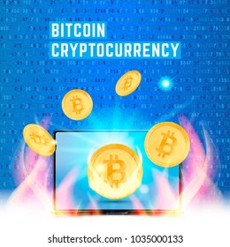 Cryptocurrency golden coin with lap top on random numbers background. Bitcoin symbol of electronic money in fire and light effects. Flat vector Illustration EPS 10