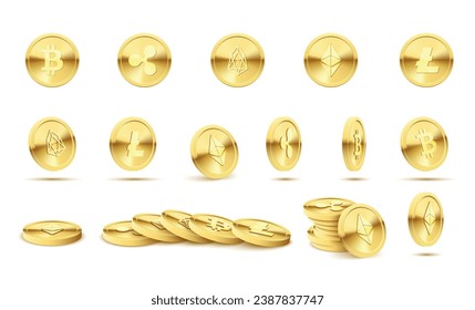 Cryptocurrency golden coins set bitcoin litecoin ethereum ripple virtual currency realistic vector illustration. Electronic financial pay cryptography network mining web business money bank exchange