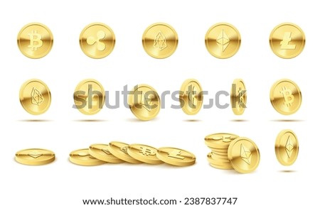 Cryptocurrency golden coins set bitcoin litecoin ethereum ripple virtual currency realistic vector illustration. Electronic financial pay cryptography network mining web business money bank exchange