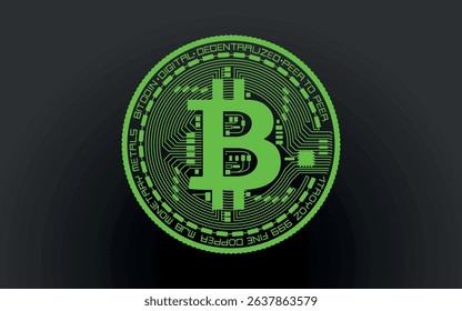 Cryptocurrency green coin with a bitcoin symbol on the face. Isolated on a black background. Vector illustration.