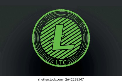 Moeda verde criptomoeda com um símbolo Litecoin no rosto. Isolado em um plano de fundo preto. Ilustração vetorial.