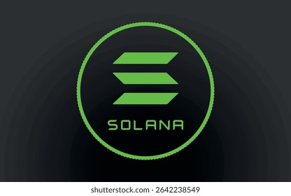 Cryptocurrency green coin with a Solana symbol on the face. Isolated on a black background. Vector illustration.