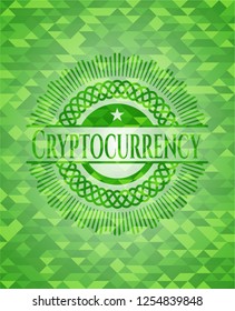 Cryptocurrency green emblem with triangle mosaic background
