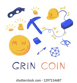 Cryptocurrency Grin coin set of elements.  Vector illustration in cartoon style.