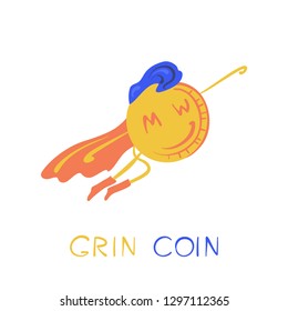 Cryptocurrency Grin coin Superhero flying.  Vector illustration in cartoon style.
