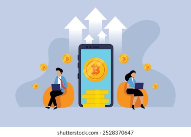 Cryptocurrency Growth Concept with Bitcoin and Mobile Technology 2d flat vector illustration