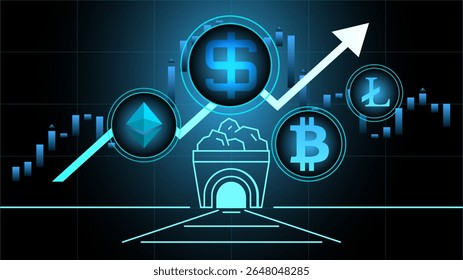 Conceito de crescimento de criptomoeda com símbolos de moeda digital e uma seta de tendência ascendente. Conceito de crescimento financeiro e estratégias de investimento em ativos digitais, plataformas de negociação criptográficas