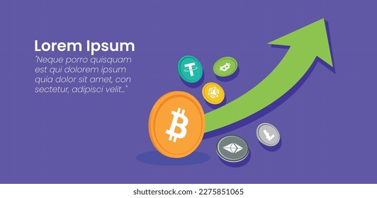 Cryptocurrency growth, Crypto currency trading, Bitcoin, Ethereum, litecoin, bnb, bitcoin cash coins with raising arrow on isolated background with dummy text.