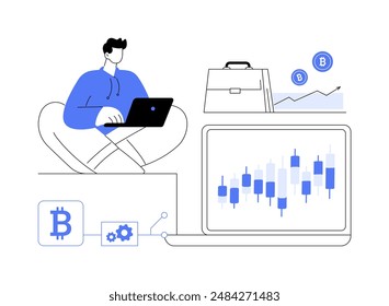 Kryptowährungs-Hedgefonds abstrakte Konzept-Vektorillustration. Mann mit Laptop beschäftigt sich mit Krypto-Hedgefonds, Blockchain-Technologie, Geldanlage, Finanzkompetenz abstrakte Metapher.