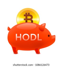 Cryptocurrency HODL concept, Pig money box icon with falling bitcoin, hodl bitcoin, vector illustration