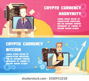 Cryptocurrency horizontal banners with anonymous proprietor of digital currency and equipment for bitcoin mining flat vector illustration 
