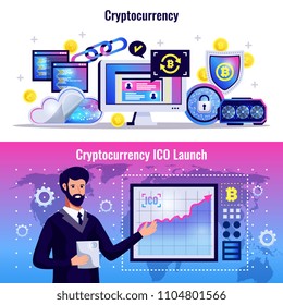 Cryptocurrency horizontal banners with blockchain technology icons and man demonstrating graph of ICO launch flat vector illustration