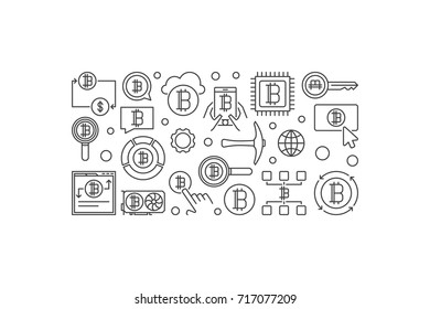 Cryptocurrency horizontal outline banner - vector bitcoin mining concept business illustration