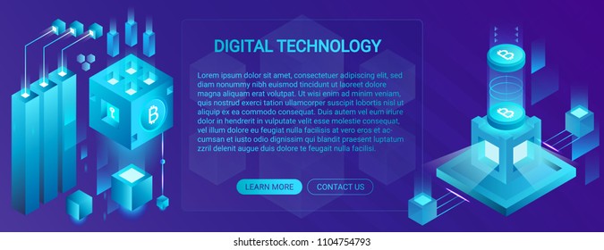 Cryptocurrency, ico and blockchain banner concept, data powered center, cloud data storage, offering technology vector illustration. Web design, presentation isometric banner.