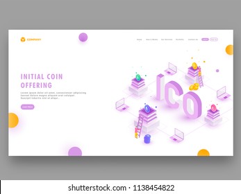 Cryptocurrency ICO (Initial Coin Offering) Concept With Isometric Miniature People Maintaining Crypto Servers, Responsive Hero Image Design For Website Or Mobile App.