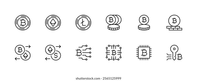 Cryptocurrency icon collection. Bitcoin, digital money, coin, virtual currency, token, fintech,  and more. Editable stroke. Pixel Perfect. Grid base 32px.