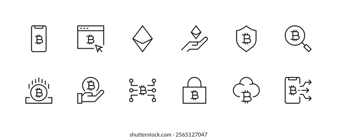 Cryptocurrency icon collection. Blockchain icon set. Bitcoin, digital asset, blockchain, virtual currency, encrypted and more. Editable stroke. Pixel Perfect. Grid base 32px.