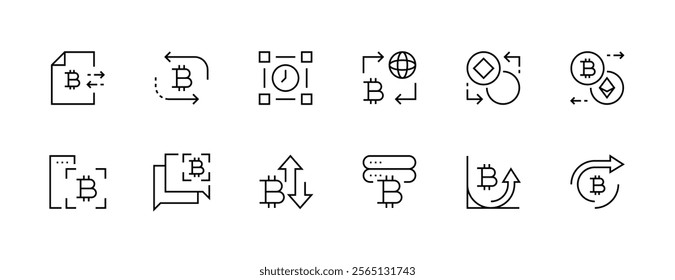 Cryptocurrency icon collection. Blockchain icon set. Bitcoin, digital money, blockchain, virtual currency, encrypted, fintech and more. Editable stroke. Pixel Perfect. Grid base 32px.
