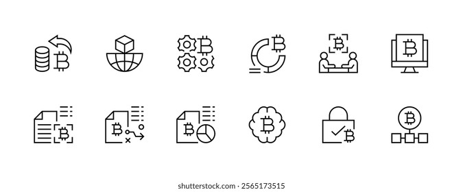 Cryptocurrency icon collection. Blockchain icon set. Bitcoin, digital money, blockchain, virtual currency, token and more. Editable stroke. Pixel Perfect. Grid base 32px.