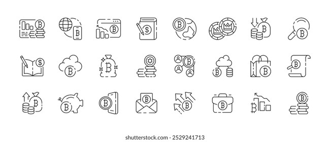 Cryptocurrency icon collection. Investment, money making design. Bitcoin cryptocurrency set. Linear style. Vector icons