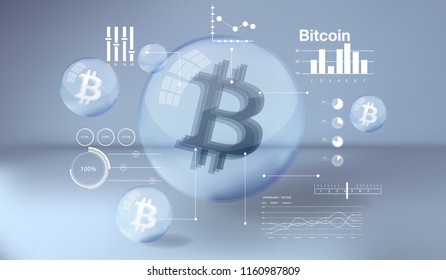 Cryptocurrency icon and info graphic with buble style on blue background:BTC icon