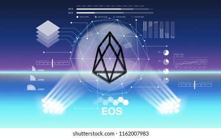 Cryptocurrency icon and info graphic with buble cyber style on blue background:EOS icon