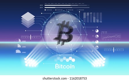 Cryptocurrency icon and info graphic with buble cyber style on blue background:BTC icon