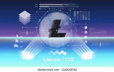 Cryptocurrency icon and info graphic with buble cyber style on blue background:LTC icon