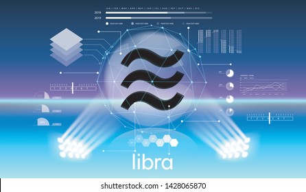 Cryptocurrency icon and info graphic with buble style on blue background:Libra icon
