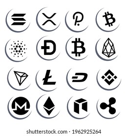 cryptocurrency icon logo black and white set, illustrations for crypto, finance, virtual, future, decentralized, altcoin, nft, defi.  vector eps 10