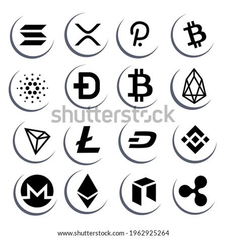 cryptocurrency icon logo black and white set, illustrations for crypto, finance, virtual, future, decentralized, altcoin, nft, defi.  vector eps 10