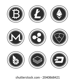Cryptocurrency icon logo set. Bitcoin, litecoin, ethereum etc. Black and white coins. Vector illustration isolated.