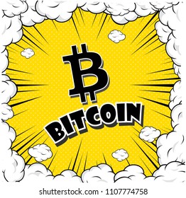 Cryptocurrency icon with retro comic style on yellow background:BTC icon