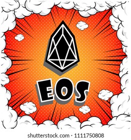 Cryptocurrency icon with retro comic style on warm red background:EOS icon