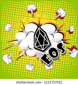Cryptocurrency icon with retro comic style on green background:EOS icon