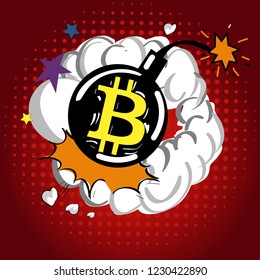 Cryptocurrency icon with retro comic style on warm yellow background:BTC icon