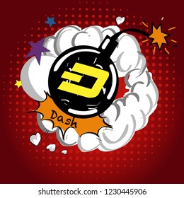 Cryptocurrency icon with retro comic style on warm yellow background:Dash icon