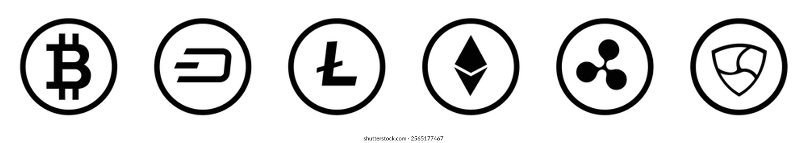 Cryptocurrency icon set in black color on white background. Token cryptocurrency collection. Crypto-Currency coins collection:  Bitcoin, Dash, Litecoin, Ethereum, Ripple and   Nem cryptocurrencies.