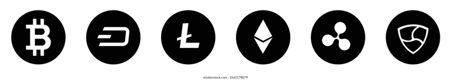 Cryptocurrency icon set in black color on white background. Token cryptocurrency collection. Crypto-Currency coins collection:  Bitcoin, Dash, Litecoin, Ethereum, Ripple and   Nem cryptocurrencies.