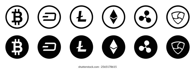 Cryptocurrency icon set in black color on white background. Token cryptocurrency collection. Crypto-Currency coins collection:  Bitcoin, Dash, Litecoin, Ethereum, Ripple and   Nem cryptocurrencies.