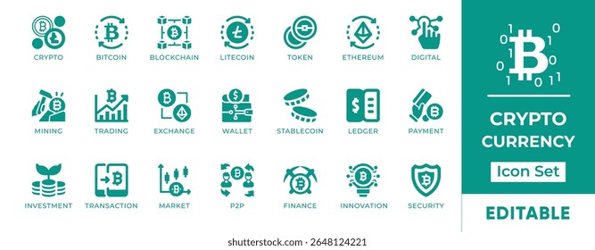 Cryptocurrency Icon Set. Features icons of bitcoin, blockchain, wallet, mining, exchange, and tokens. Perfect for fintech apps, crypto websites, and digital assets.