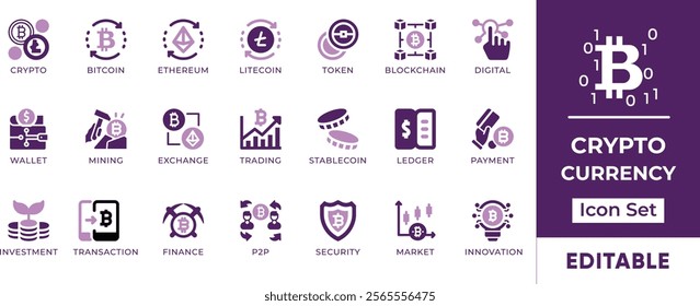 Cryptocurrency icon set. Featuring Bitcoin symbols, Ethereum, wallets, mining, and trading. Perfect for fintech, blockchain, and digital asset projects.