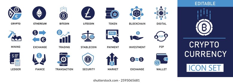 Cryptocurrency Icon Set – Featuring Bitcoin, Ethereum, blockchain, trading, mining, security, and wallets. Perfect for fintech, apps, websites, and infographics. Professional, modern, and editable.