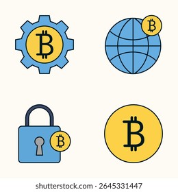 Criptomoeda Icon Set Apresentando Bitcoin em Engrenagem, Rede Global, Bloqueio de Segurança e Símbolo Bitcoin em Estilo Plano
